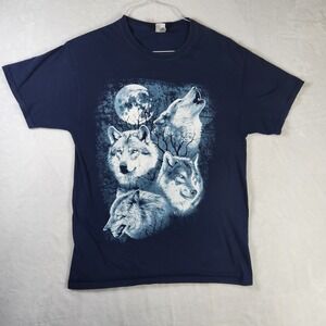 Wolf‎ Pack Moon Graphic T-Shirt Mens M Fruit of the Loom Nature Animal Navy